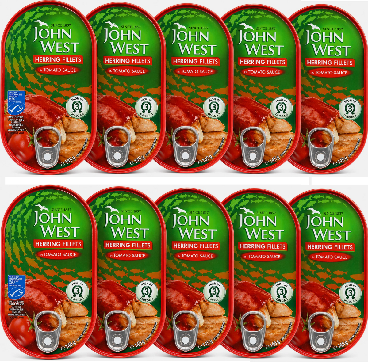 John West Herring Fillets In Tomato Sauce 10 x 145g Tins High Omega 3