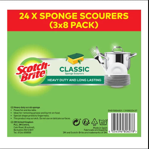 Scotch Brite Classic Sponge Scourers-Heavy Duty & Long Lasting (Pack 3 x 8) 24