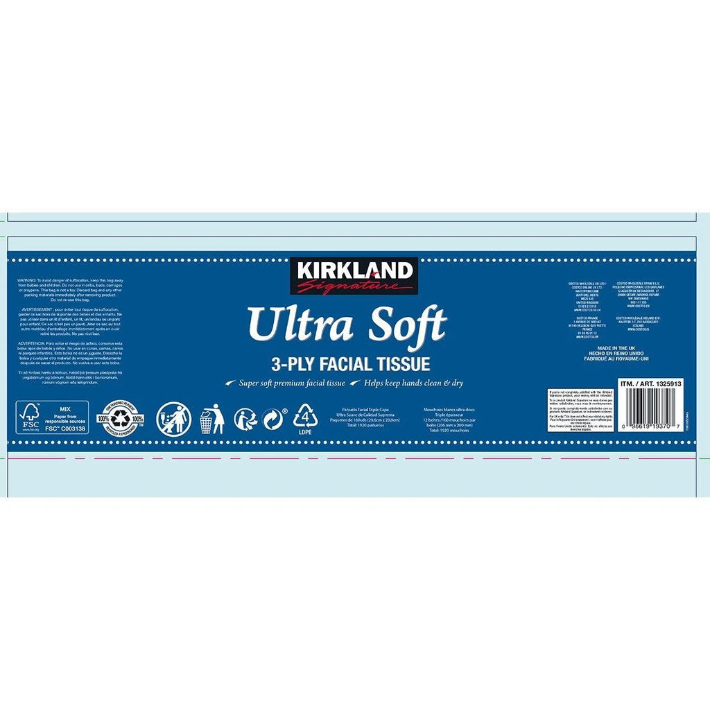 Kirkland Signature Ultra Soft 3-ply Strong Facial Tissues, 12 x 160 Sheets