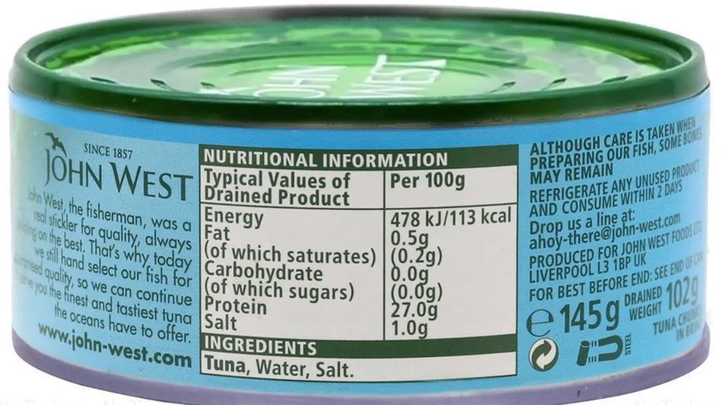 John West Tuna Chunks in Brine Tins 100% Traceable Fish Cans UK Pack 12 x 145g