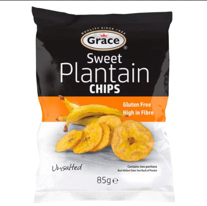 Grace Sweet Plantain Chips Unsalted 85g x 9 Gluten Free, High in Fibre, Vegan