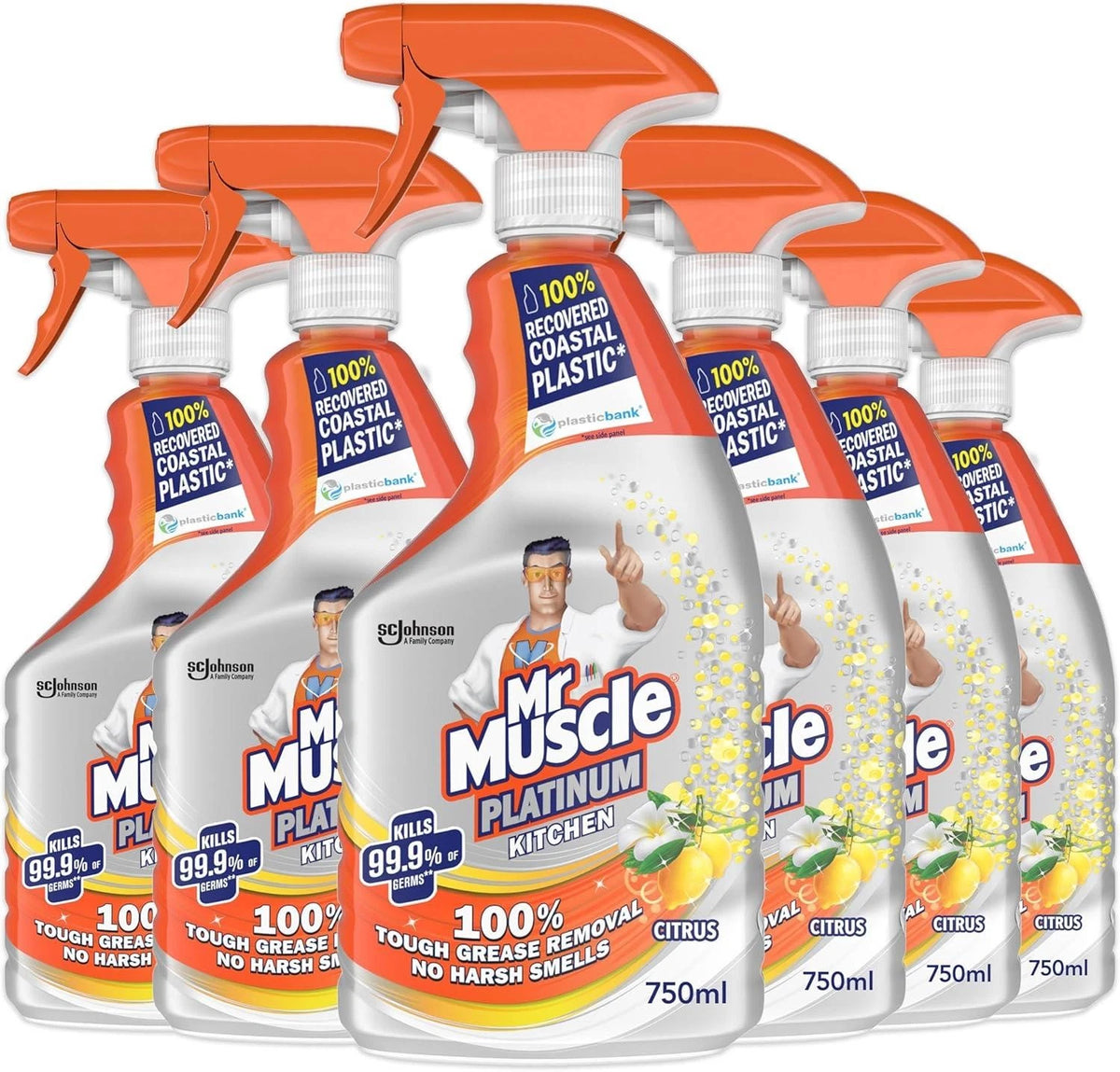 Mr Muscle Kitchen Cleaner, Platinum Antibacterial Spray, Citrus, 750ml Pack of 6