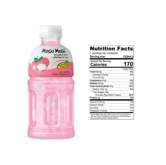 Mogu Mogu Nata De Coco Bites Lychee Flavoured Vegan Drink Bottle Pack 24 x 320ml