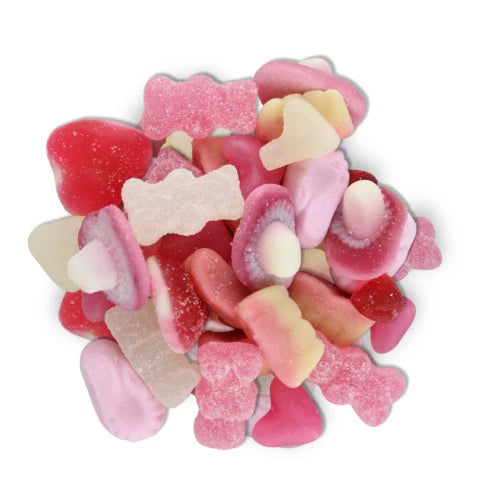 Pink Mix Sweets, 1kg Assorted Chewy and Fizzy Candy, Hearts, Rings