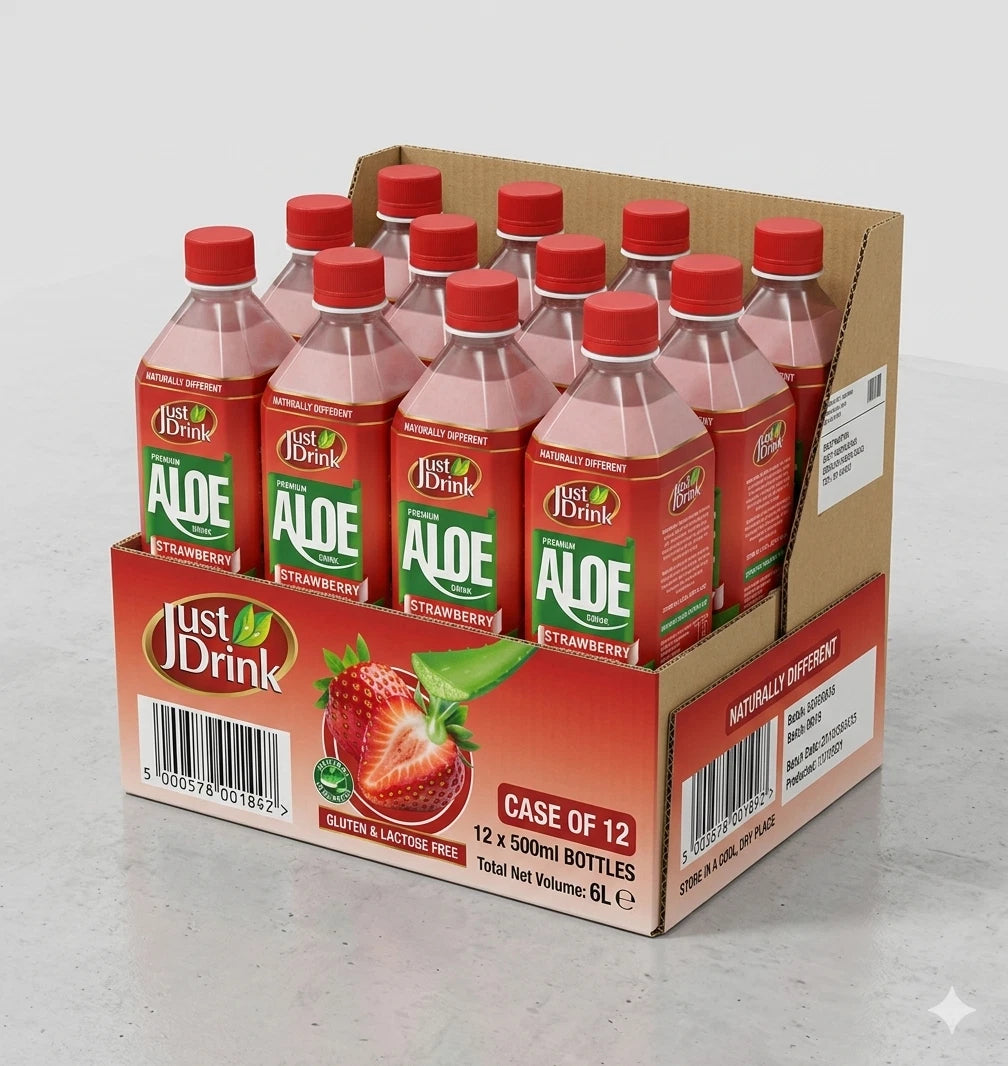 Just Drink Aloe Vera Drink, Strawberry Flavour with Aloe Pulp, 500ml, Pack of 12