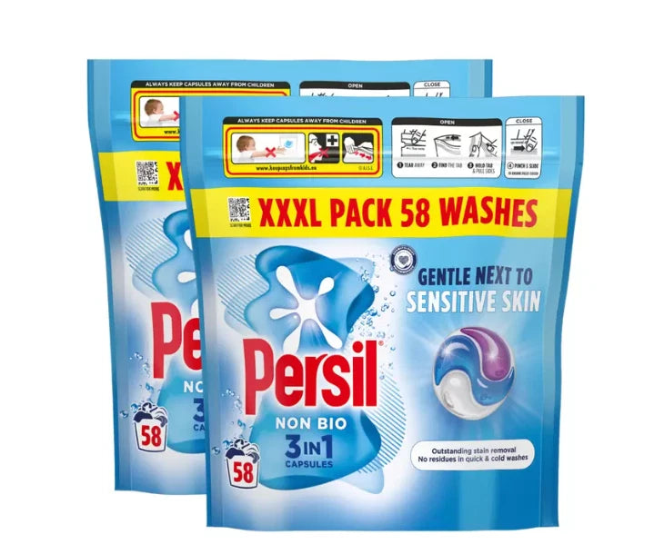 Persil Non Bio Wash Pods Laundry Detergent Washing Tablet Pack 2 x 58 Capsules