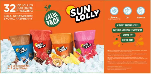 Sun Lolly Ice Lollies Cola, Strawberry, Exotic & Raspberry Flavours, 60ml 32Pack