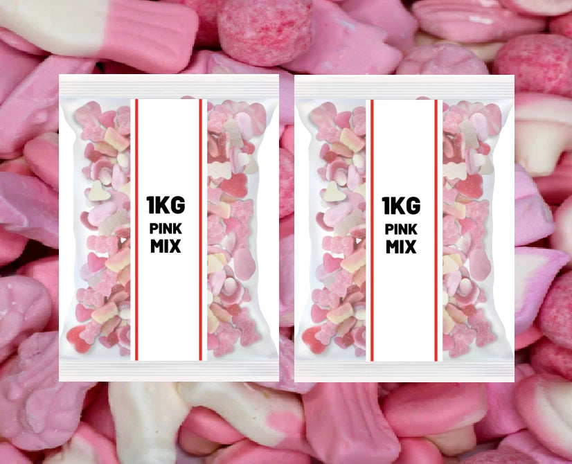 2 Pack of Pink Mix Sweets, 1kg Assorted Chewy and Fizzy Candy