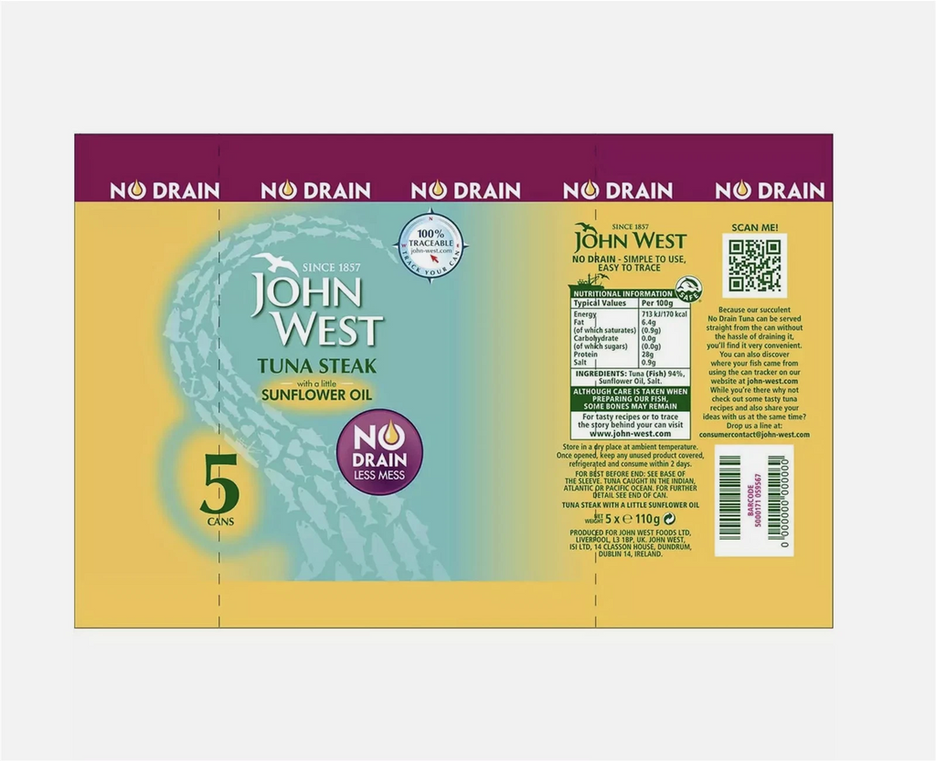 John West Tuna Steak with Sunflower Oil, No Drain, Set of 5 Cans x110g