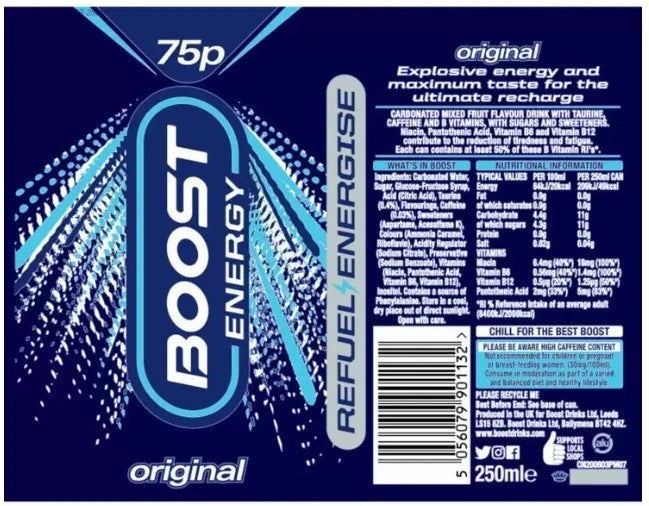 Boost Energy Drink Original Flavour 250ml Cans, With Caffeine, Pack of 24