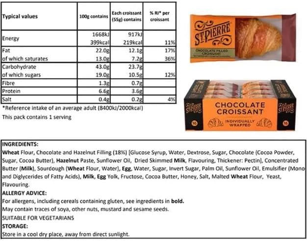 St. Pierre Chocolate & Hazelnut Filled Croissant Packets Kids Snack Pack 16 x55g