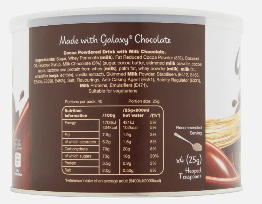 Galaxy Instant Hot Chocolate Drink Powder 1kg Tin, Just Add Water