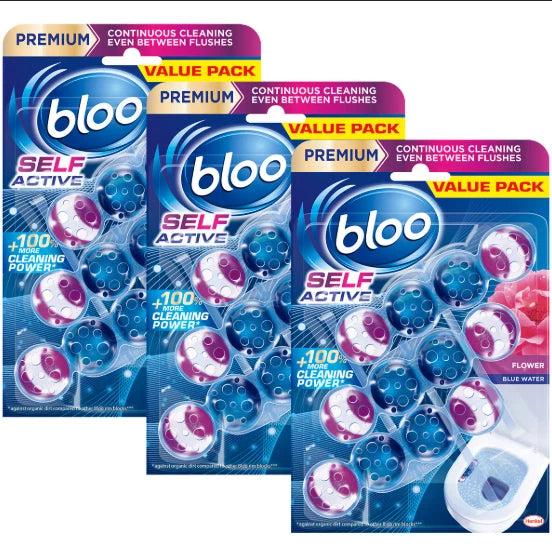 Bloo Self Active Triple Toilet Rim Block & Bowl Cleaner, Flower, 3 x 3 Pack