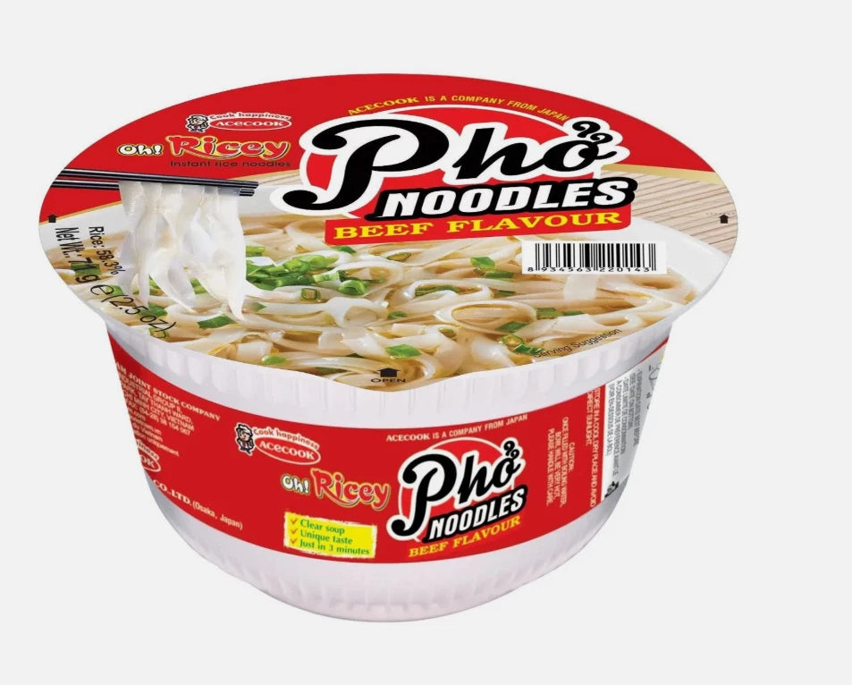 Oh! Ricey Pho Noodles Beef Flavour Vegetarian Quick Easy Meal Bowl Pack 12 x 71g