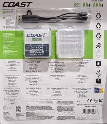 COAST ZITHION-X AA & AAA USB-C Rechargeable Lithium Batteries (8 Pack + Cable