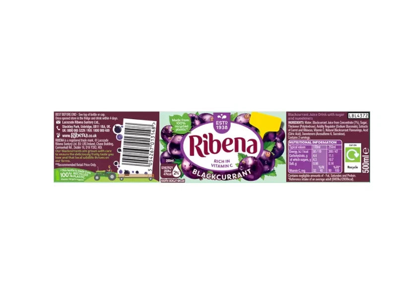 Ribena Blackcurrant Juice Drink 500ml - Pack of 12 Real Fruit Rich In VitaminC