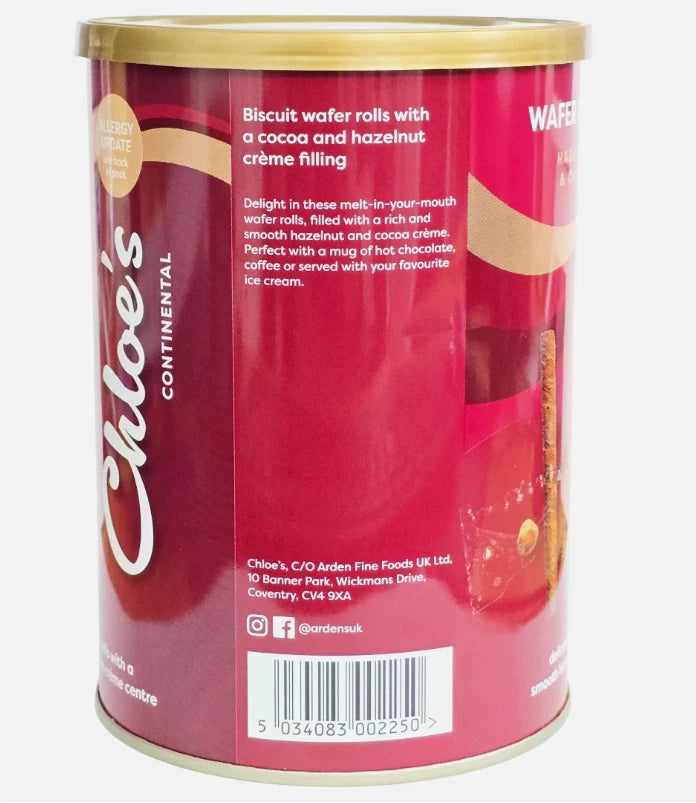 Wafer Rolls Chloe's Hazelnut & Cocoa Chocolate Crisp Smooth Crème Packs 2 x 400g