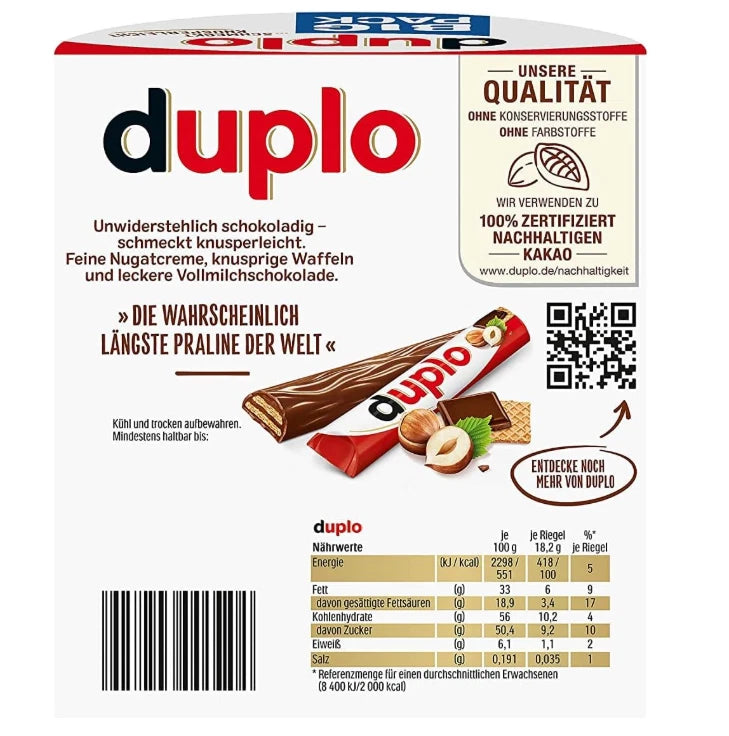 Ferrero Duplo Milk Chocolate Crispy Wafer Cream Filling Bars 327g Pack 18x 18.2g