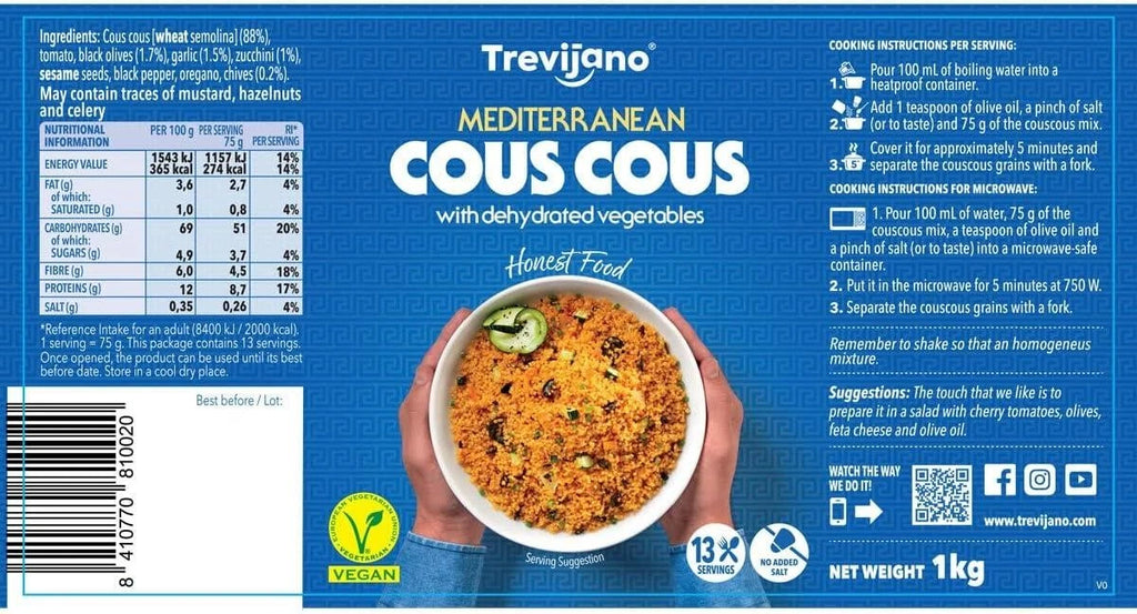 Trevijano Mediterranean Cous Cous with Vegetables Spiced Flavour Vegan Pack 1kg