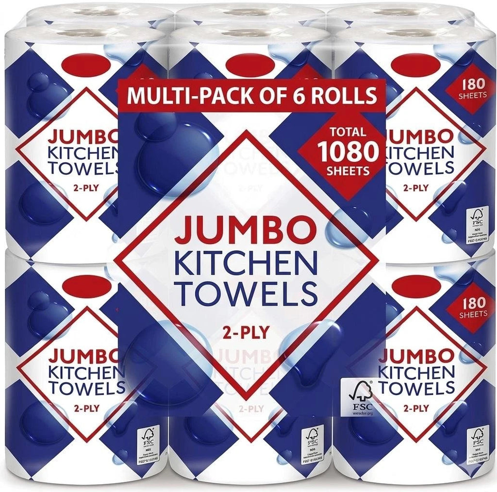 Bestin Jumbo Kitchen Towels, 2-Ply, 180 Sheets per Roll, 6 Roll Multi-Pack