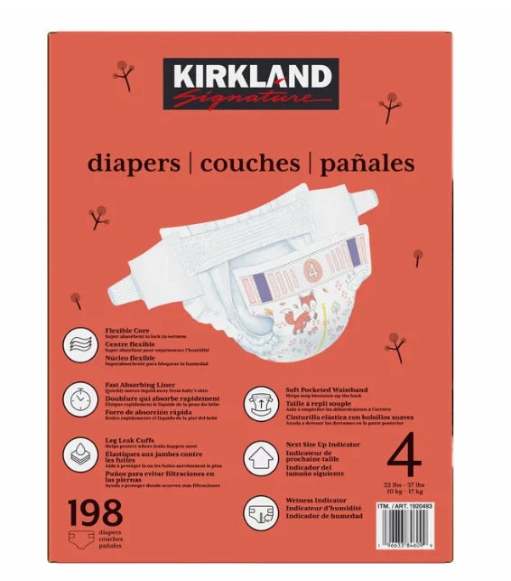 Kirkland Signature Baby Diapers Size 4 Nappy 10-17kg Breathable Pack 198 Nappies