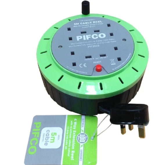 Pifco 4 Way Gang Extension Reel 5m Cable Lead Mains Socket Safety