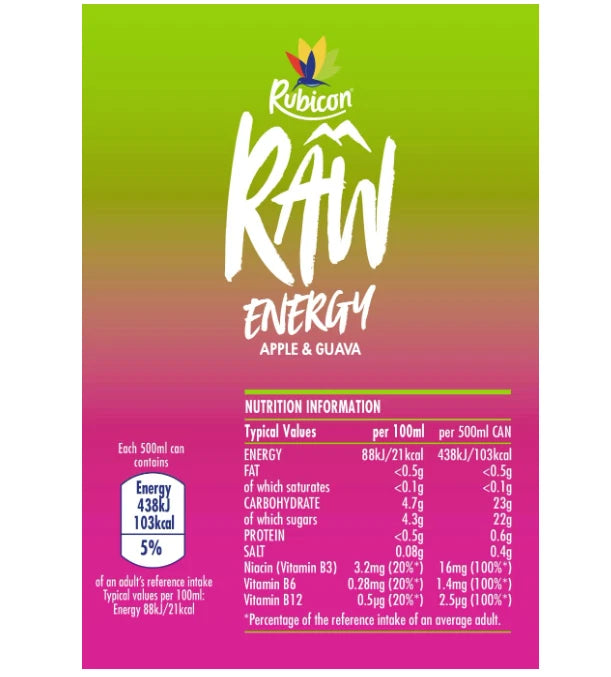 Rubicon Raw Energy Apple & Guava 500ml x 12