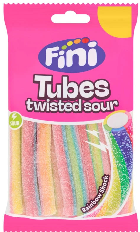 Fini Tubes Twisted Sour Mix Fruits Raspberry Rainbow & Cream 140g Bag Pack of 12