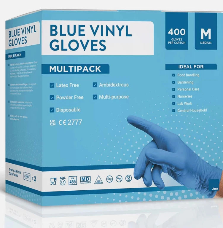 Jena Disposable Multi-Purpose Blue Vinyl Gloves Ambidextrous M / L Size Pack 200