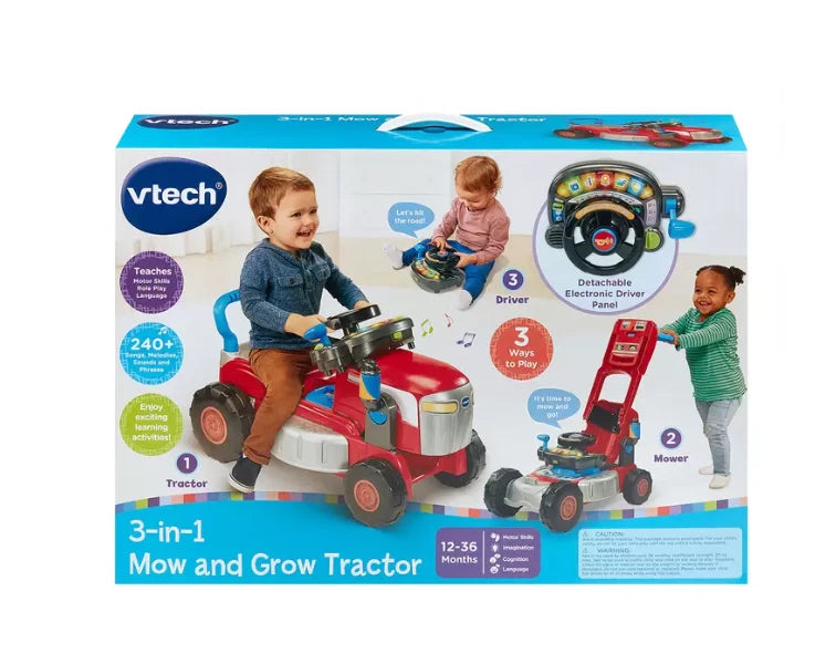 VTech 3-in-1 Kids Ride-On Tractor, Push-Along Mower and Driver Ages 2+