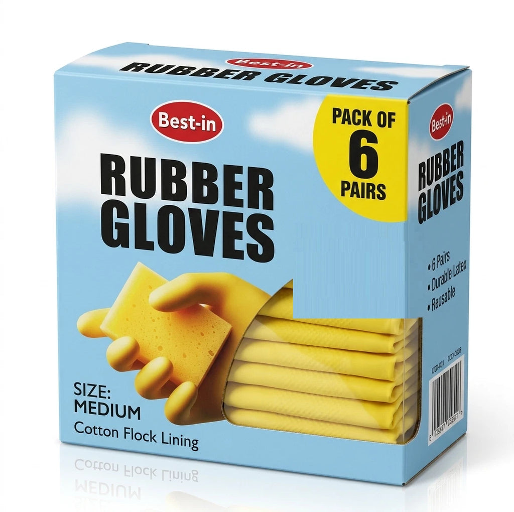 Bestin Rubber Gloves with Cotton Flock Lining Non Slip Grip - Medium Pack of 6