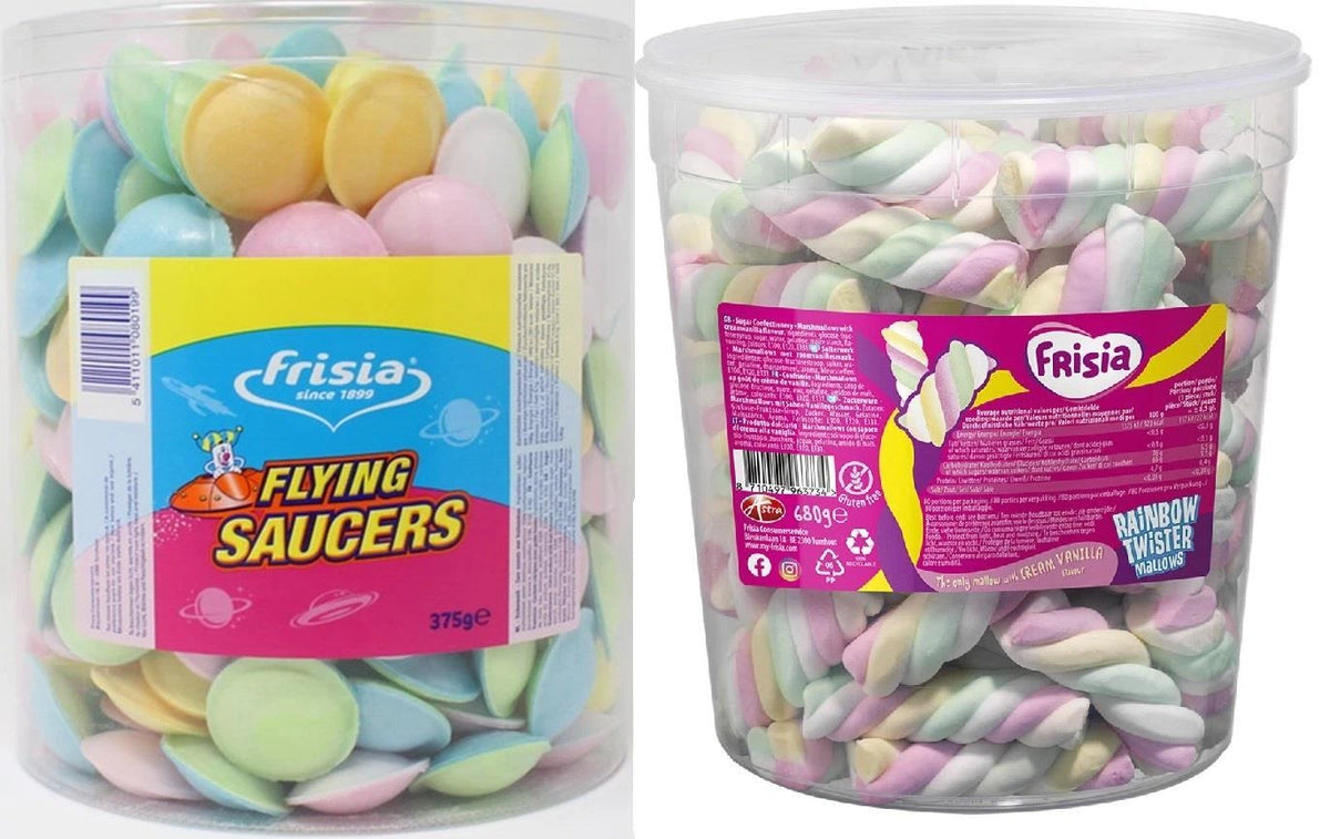 Frisia Rainbow Twister Mallows Drum 680g & Frisia Astra Flying Saucers, 375g