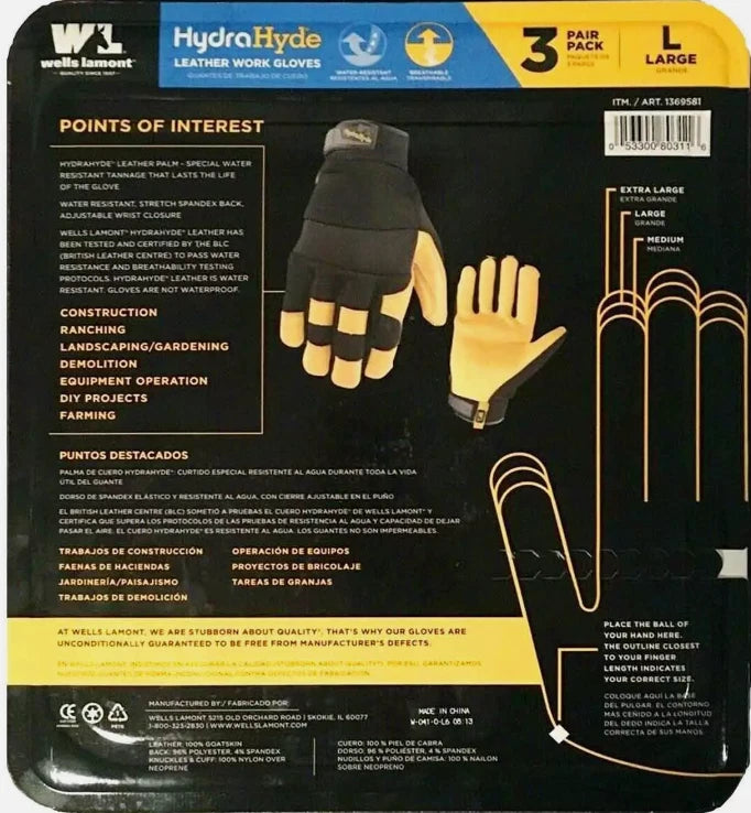Wells Lamont Hydra Hyde Leather Work Gloves Safety Waterproof Size L Pack 3Pairs