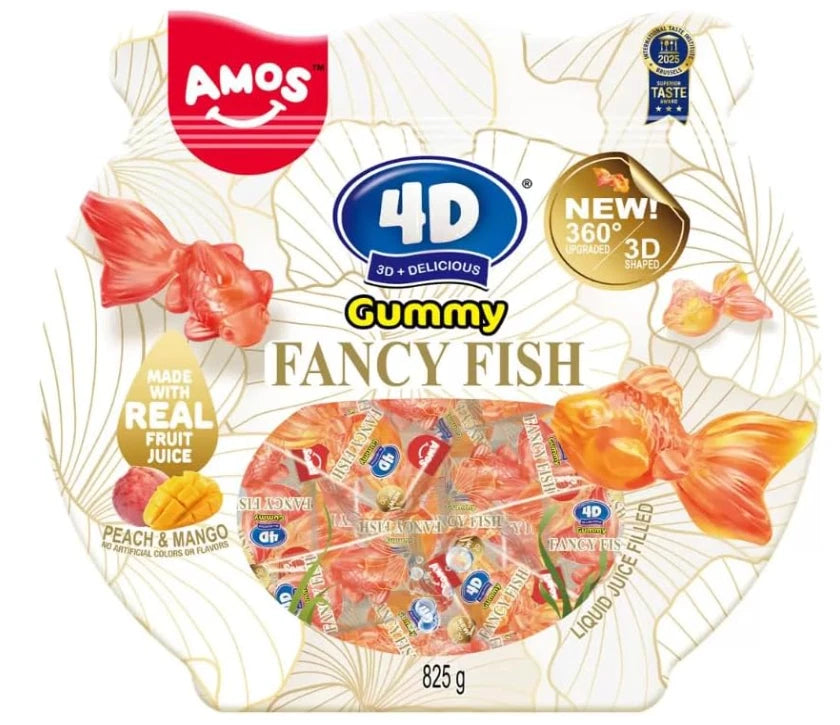 Amos 4D Fancy Fish Gummies, Peach and Mango Flavour, Soft Chewy Candy, 825g Bag
