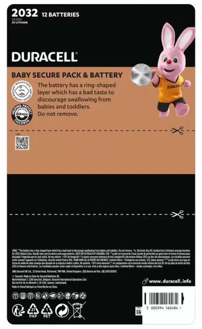 Duracell Speciality CR2032 Lithium Coin Ring Size Long Battery Pack 12 Batteries
