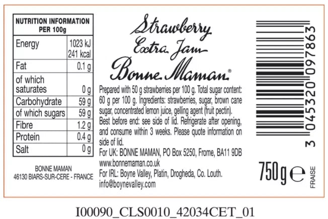 Bonne Maman Strawberry Conserve Breakfast Extra Jam Product of France Jar 750g