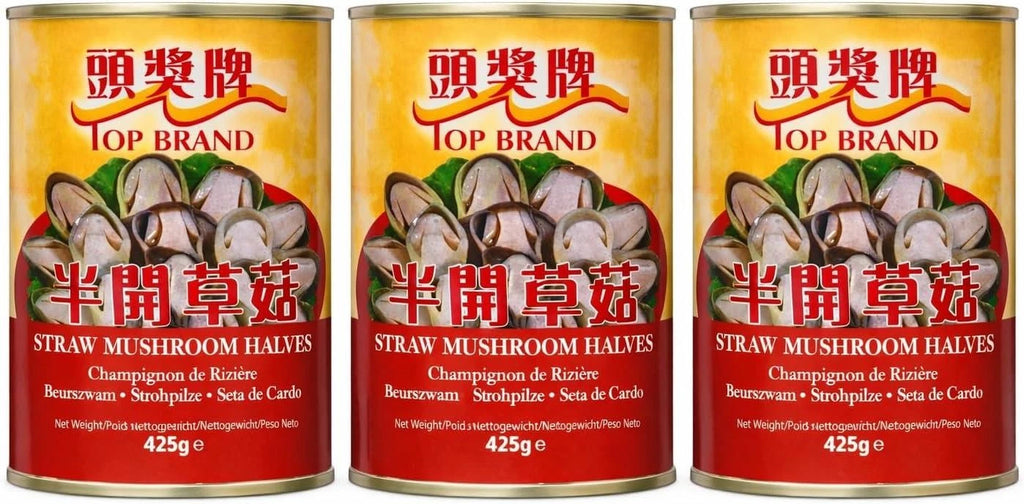 Top Canned Straw Mushroom Halves, 425g per Tin, Ready to Cook, Vegan, 3 Pack