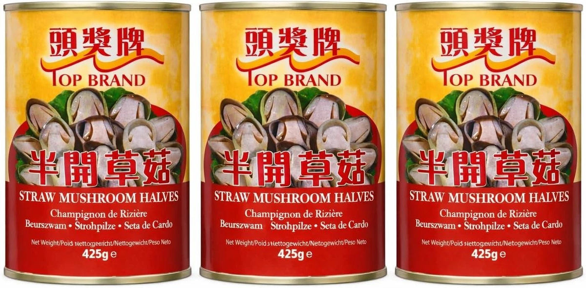 Top Canned Straw Mushroom Halves, 425g per Tin, Ready to Cook, Vegan, 3 Pack