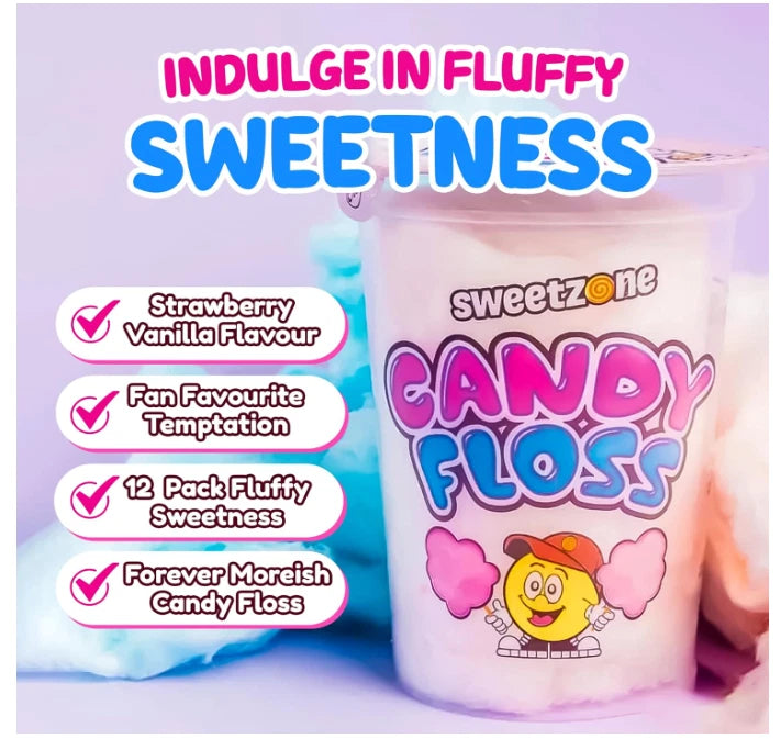 Sweetzone Candy Floss Halal Sweets Tub 20g x 12 Pack, Sweets Bulk, Retro Sweets