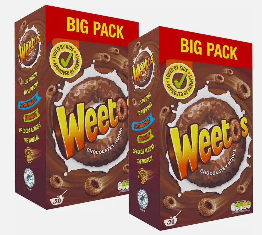 Weetos Chocolatey Hoops Breakfast Cereal Wholegrain Weetabix Crunchy Pack 2x600g