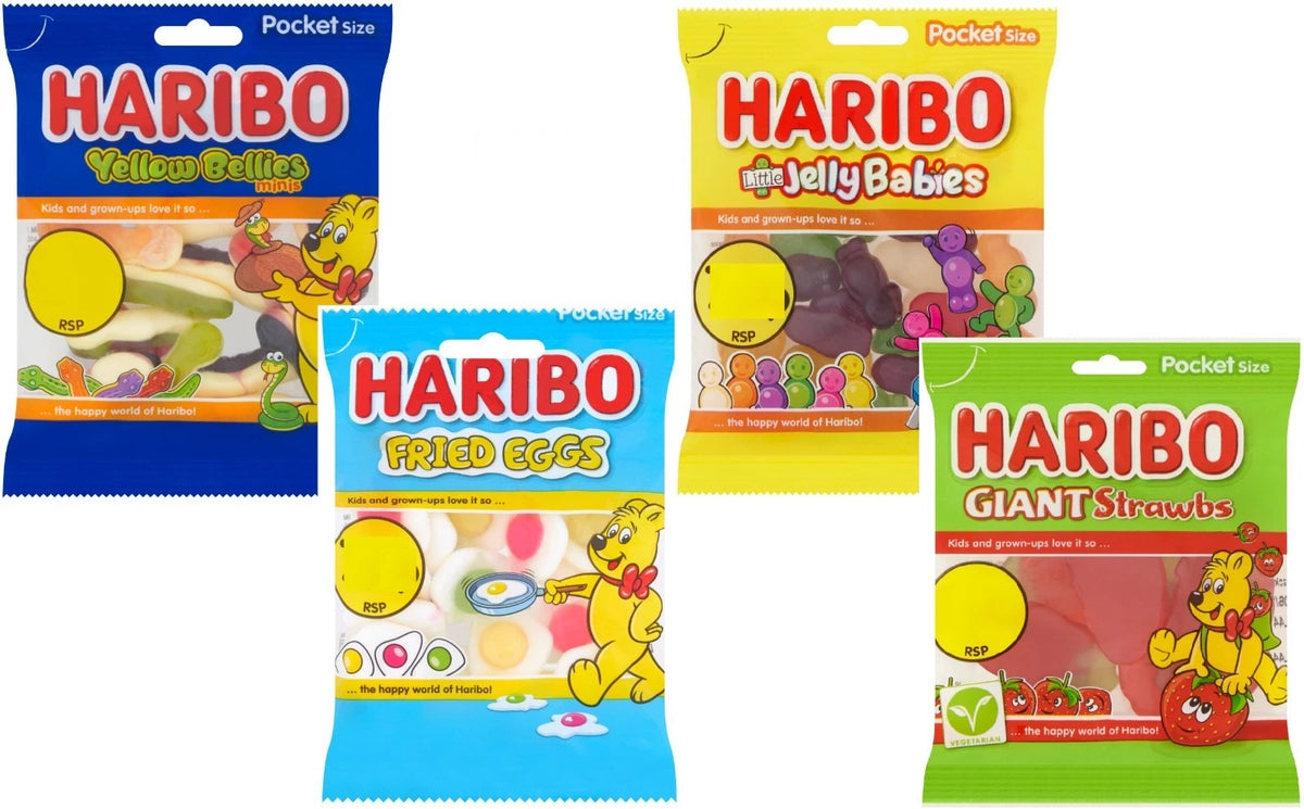 HARIBO Fried Eggs Giant Strawbs Yellow Bellies Little Jelly Babies 60g x 20 Pack