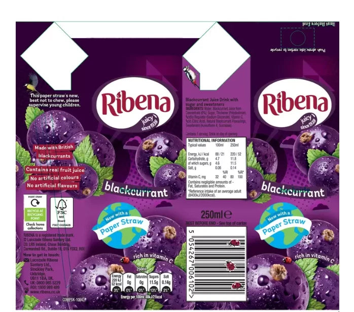 Ribena Blackcurrant Juice Drink Cartons - 24 x 250ml Real Fruit Juice No Artifi