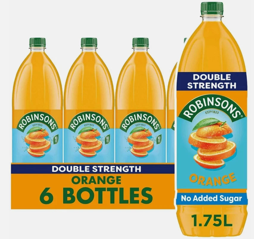 Robinsons Real Fruit Double Strength Orange Squash Juice No Sugar Pack 6 x 1.75L