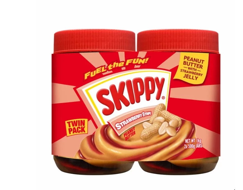 Skippy Strawberry Stripe Peanut Butter Nut Smooth Spread Jelly Twin Pack 2x500g