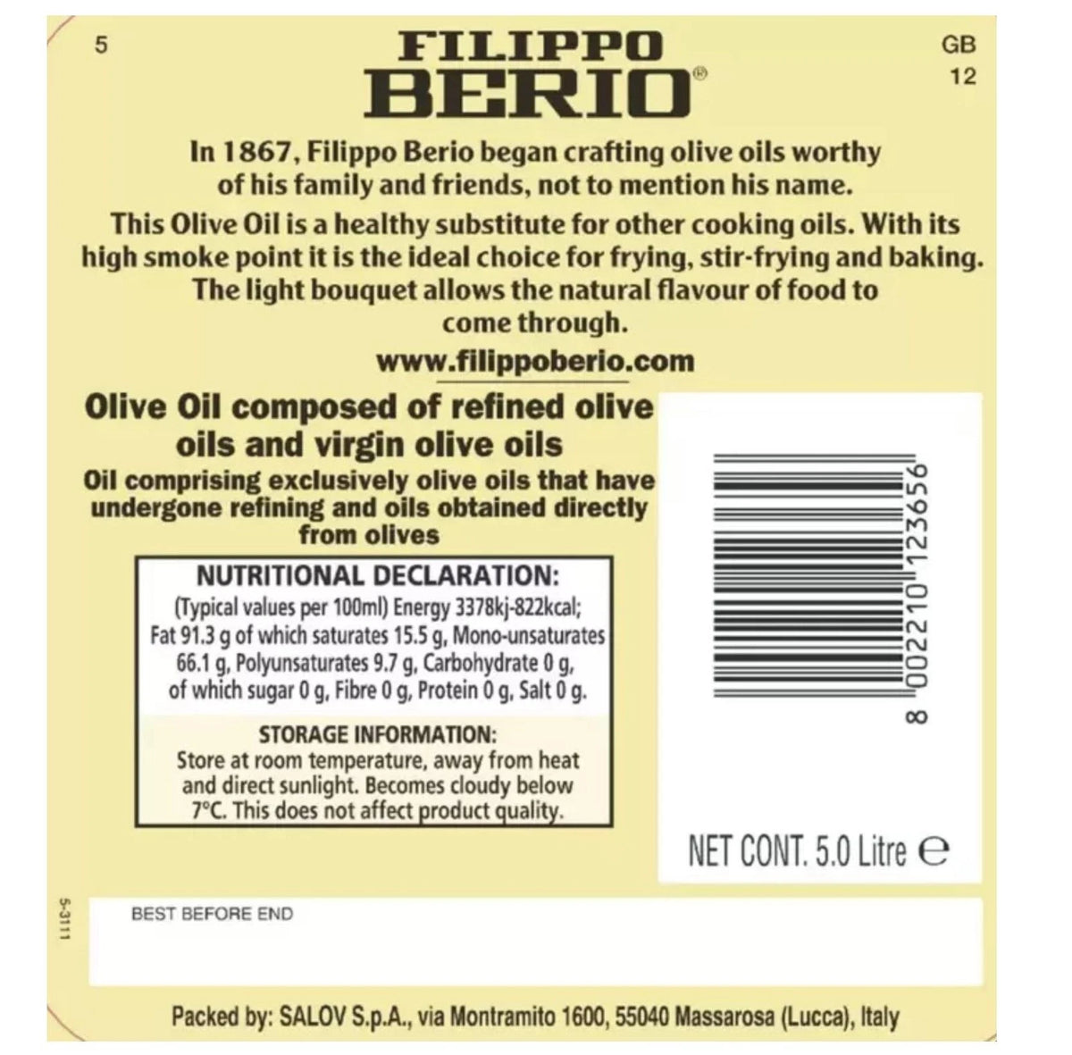 Filippo Berio Mild And Light Olive Oil - 5 Litre (1Pack)