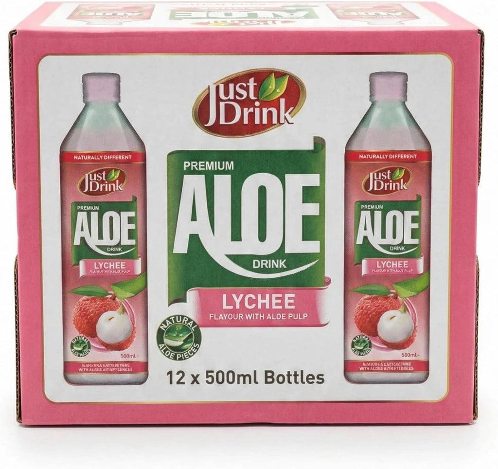 Just Drink Aloe Vera Drink, Lychee Flavour with Aloe Pulp, 500ml, Pack of 12