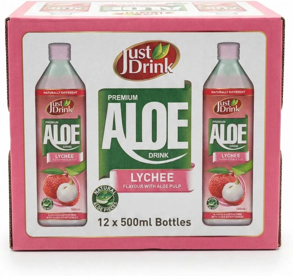 Just Drink Aloe Vera Drink, Lychee Flavour with Aloe Pulp, 500ml, Pack of 12