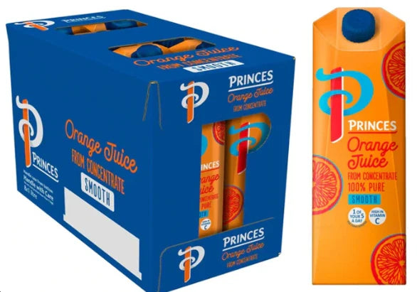 Princes Orange Juice From Concentrate 100% Pure Juice Carton Pack 12 x 1 Litre