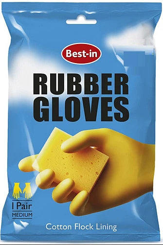 Bestin Rubber Gloves with Cotton Flock Lining Non Slip Grip - Medium Pack of 6