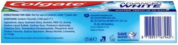 Colgate Advanced White Whitening Toothpaste Whiter Teeth - Pack of 6 x 125ml